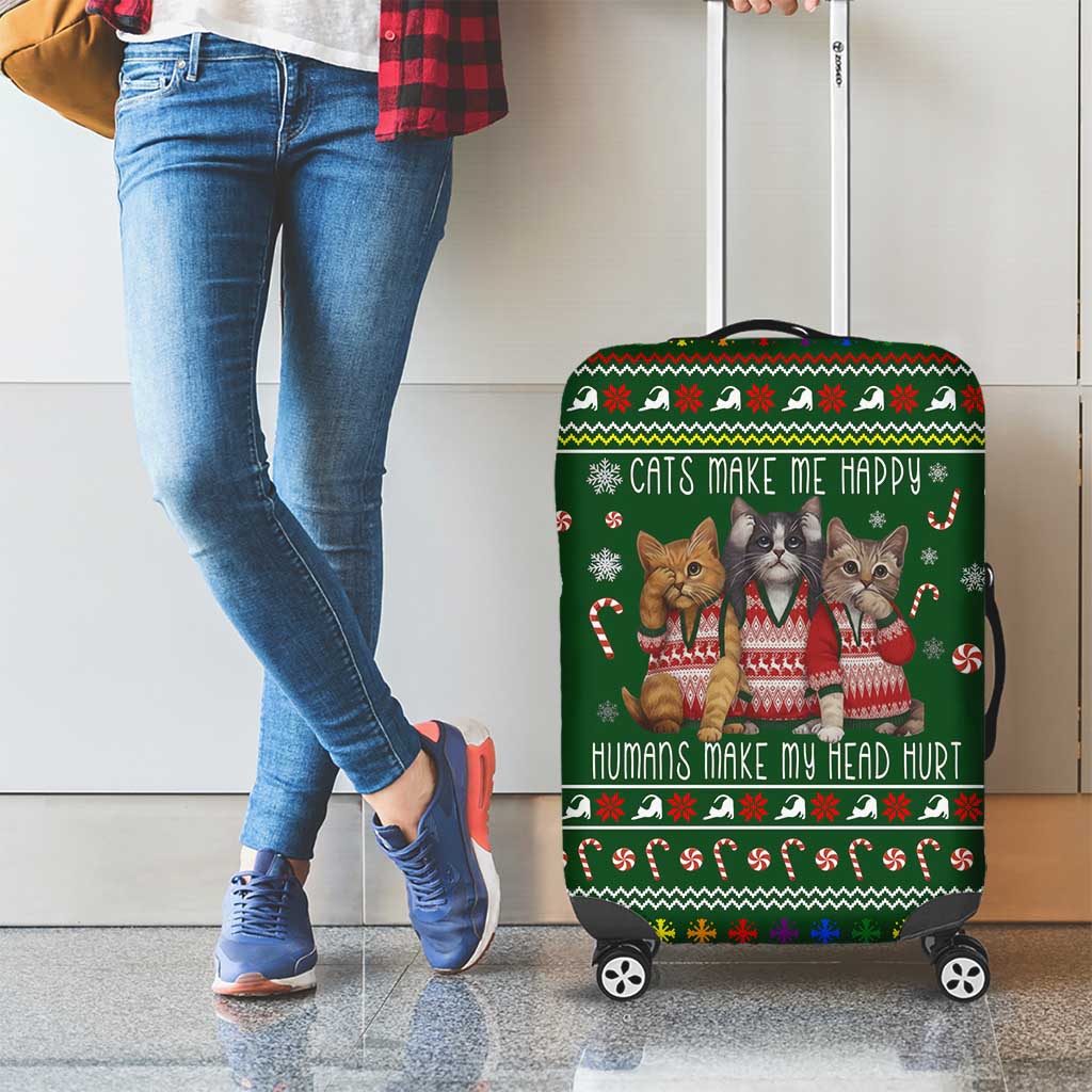 Funny Cats Make Me Happy Humans Make My Head Hurt Quote Luggage Cover with Green Christmas Pattern - Wonder Print Shop