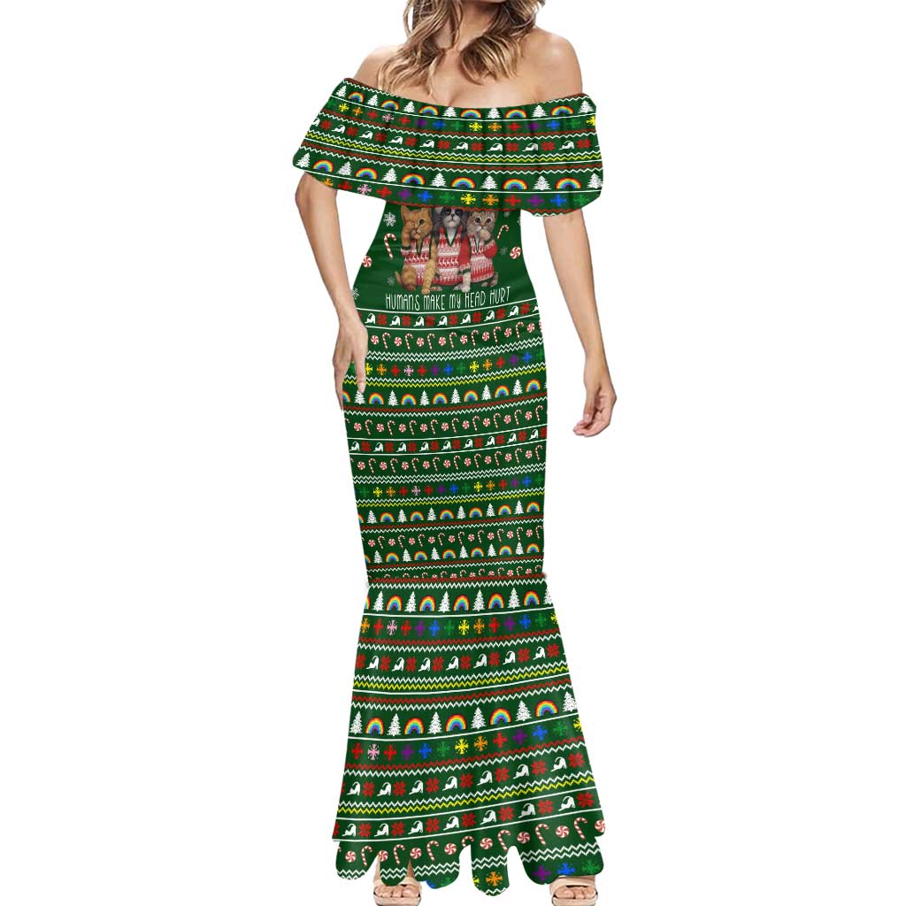 Funny Cats Make Me Happy Humans Make My Head Hurt Quote Mermaid Dress with Green Christmas Pattern - Wonder Print Shop
