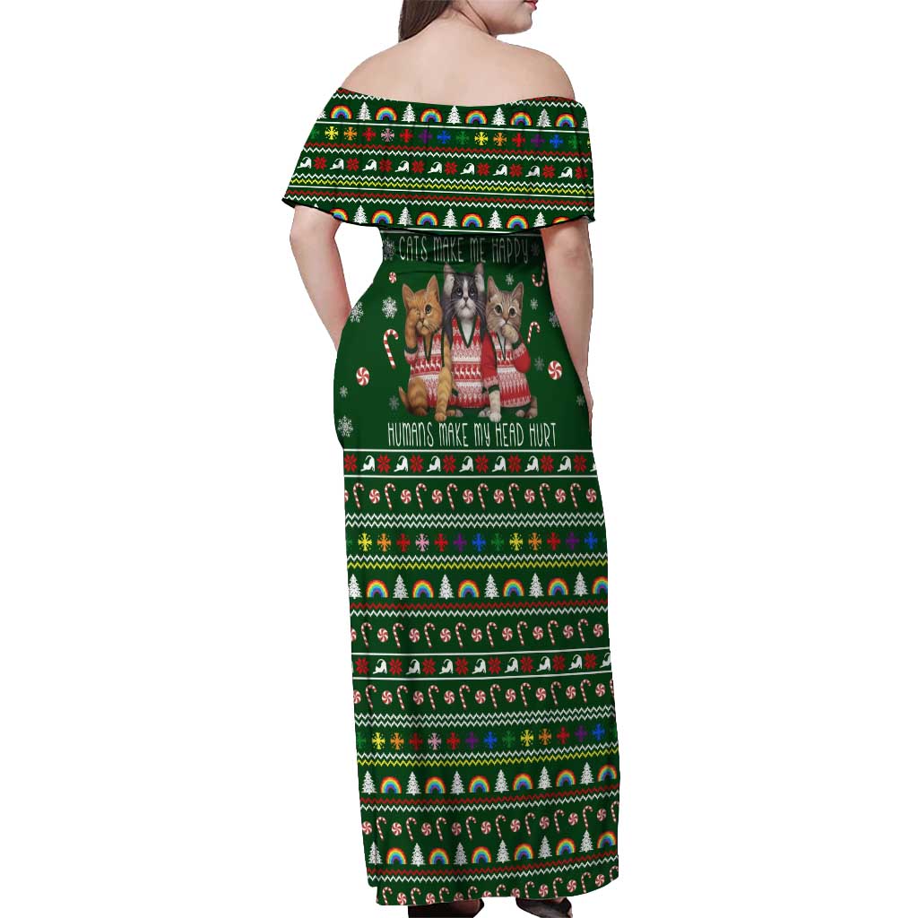 Funny Cats Make Me Happy Humans Make My Head Hurt Quote Off Shoulder Maxi Dress with Green Christmas Pattern - Wonder Print Shop