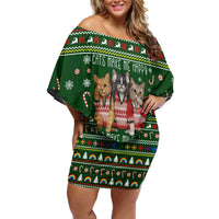 Funny Cats Make Me Happy Humans Make My Head Hurt Quote Off Shoulder Short Dress with Green Christmas Pattern - Wonder Print Shop