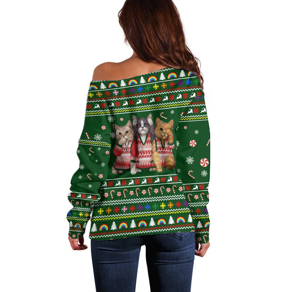 Funny Cats Make Me Happy Humans Make My Head Hurt Quote Off Shoulder Sweater with Green Christmas Pattern - Wonder Print Shop