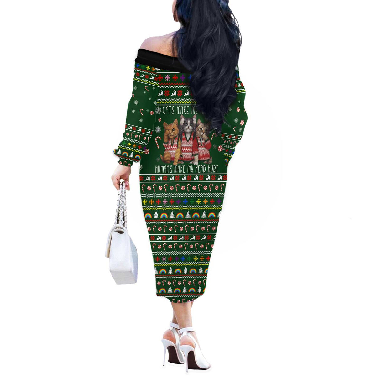 Funny Cats Make Me Happy Humans Make My Head Hurt Quote Off The Shoulder Long Sleeve Dress with Green Christmas Pattern - Wonder Print Shop