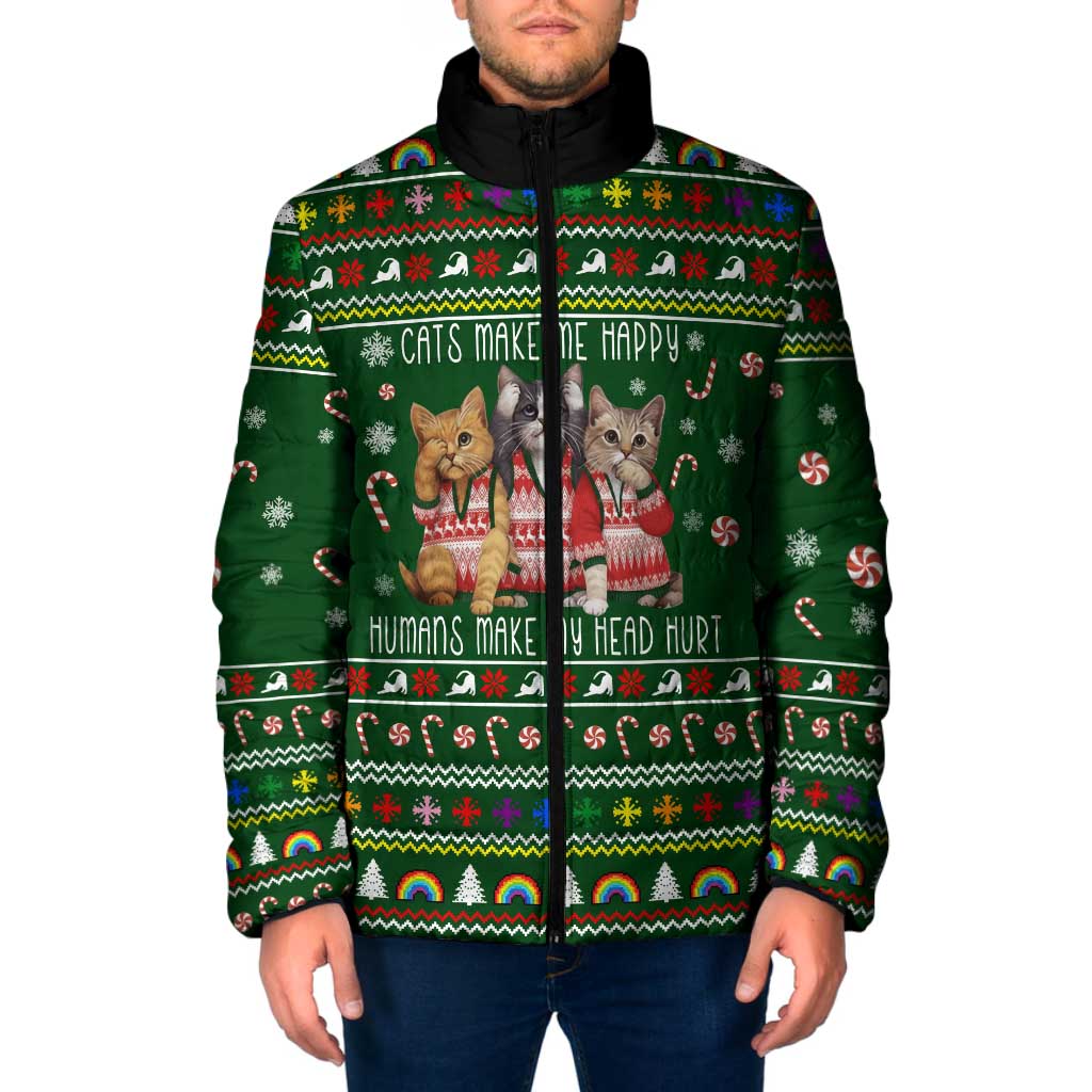Funny Cats Make Me Happy Humans Make My Head Hurt Quote Padded Jacket with Green Christmas Pattern - Wonder Print Shop