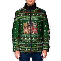 Funny Cats Make Me Happy Humans Make My Head Hurt Quote Padded Jacket with Green Christmas Pattern - Wonder Print Shop