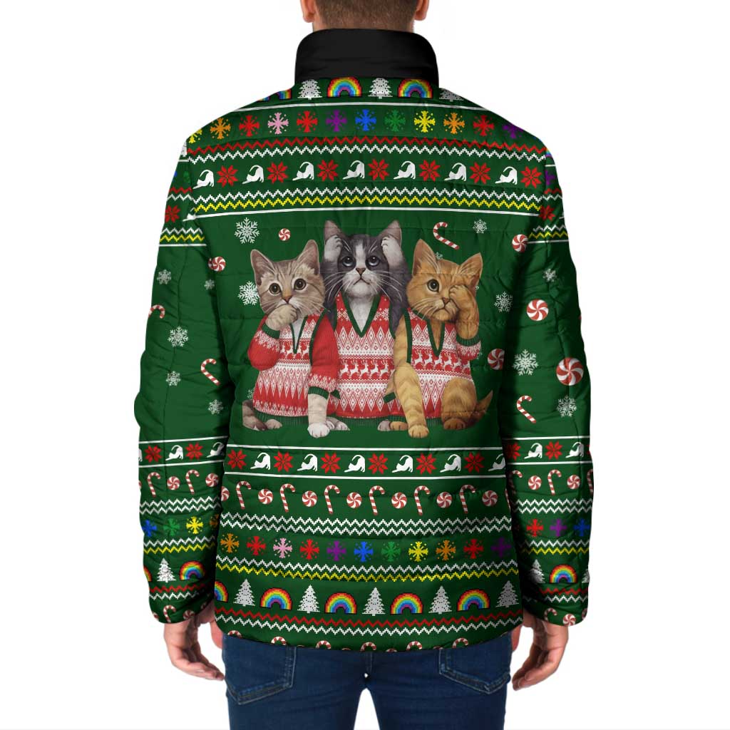 Funny Cats Make Me Happy Humans Make My Head Hurt Quote Padded Jacket with Green Christmas Pattern - Wonder Print Shop