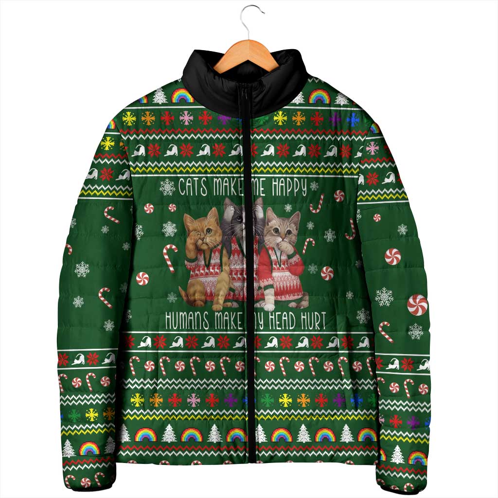 Funny Cats Make Me Happy Humans Make My Head Hurt Quote Padded Jacket with Green Christmas Pattern - Wonder Print Shop