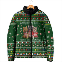 Funny Cats Make Me Happy Humans Make My Head Hurt Quote Padded Jacket with Green Christmas Pattern - Wonder Print Shop