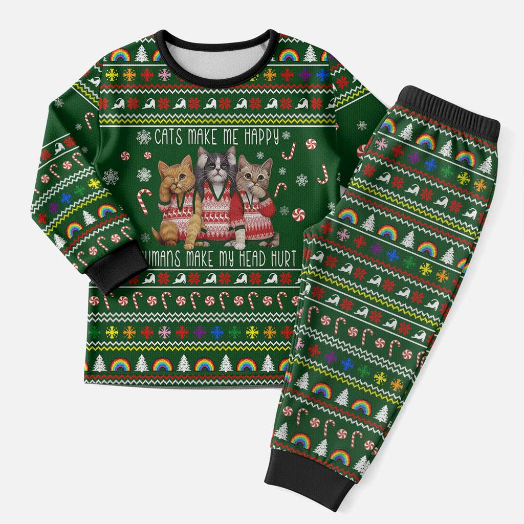 Funny Cats Make Me Happy Humans Make My Head Hurt Quote Christmas Pajama Set with Green Christmas Pattern - Wonder Print Shop