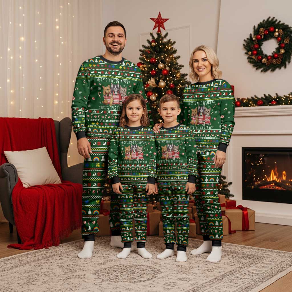 Funny Cats Make Me Happy Humans Make My Head Hurt Quote Christmas Pajama Set with Green Christmas Pattern - Wonder Print Shop