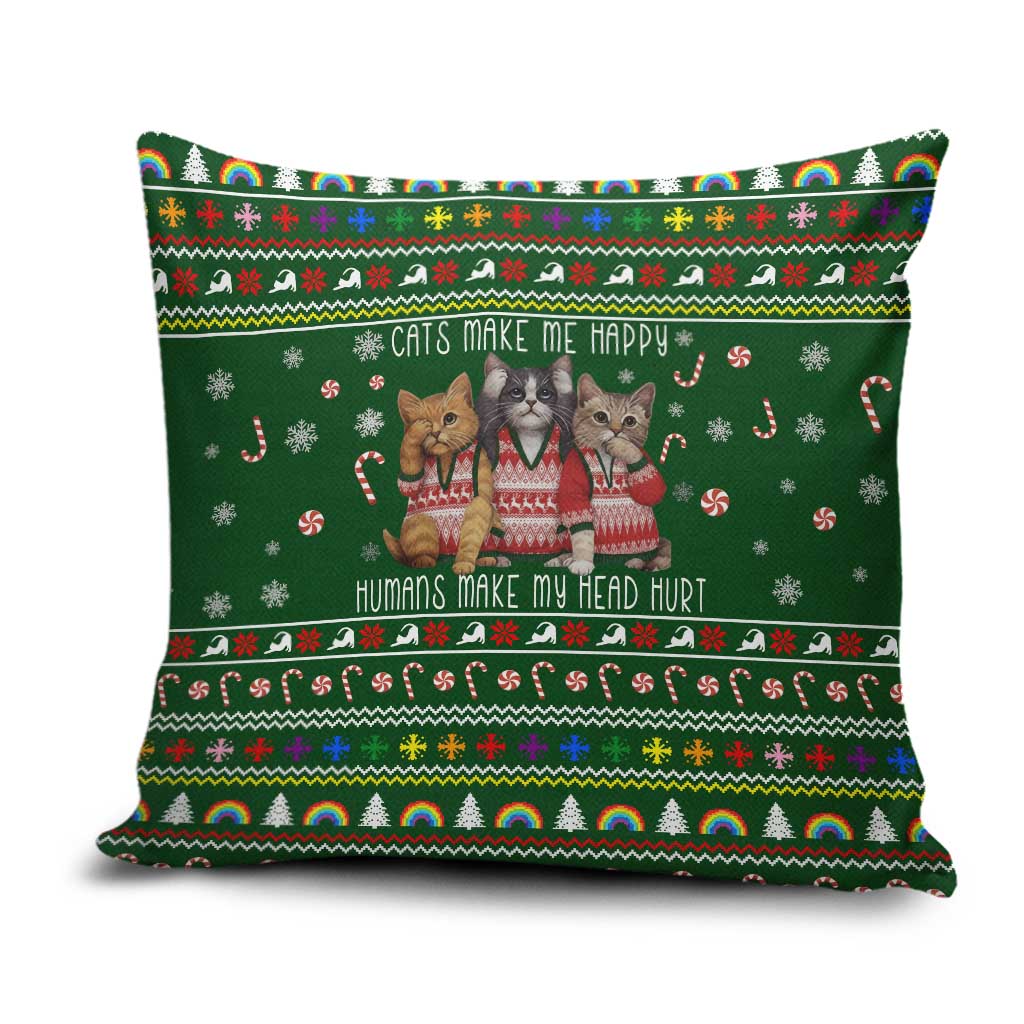 Funny Cats Make Me Happy Humans Make My Head Hurt Quote Pillow Cover with Green Christmas Pattern - Wonder Print Shop