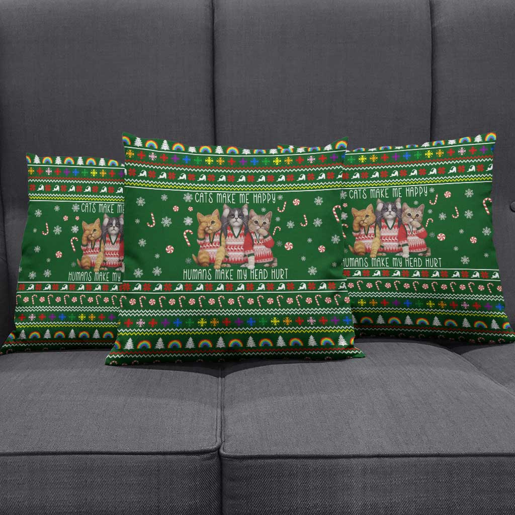 Funny Cats Make Me Happy Humans Make My Head Hurt Quote Pillow Cover with Green Christmas Pattern - Wonder Print Shop