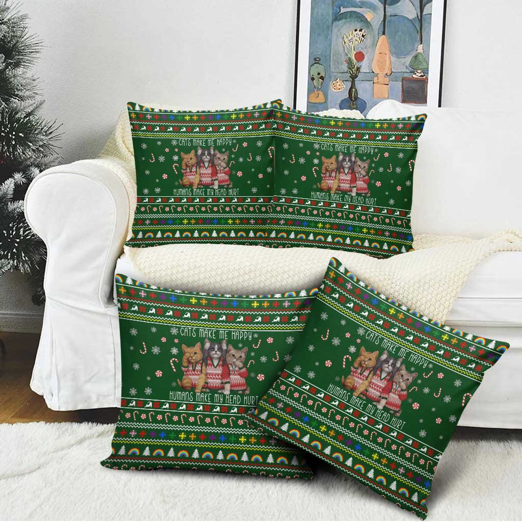 Funny Cats Make Me Happy Humans Make My Head Hurt Quote Pillow Cover with Green Christmas Pattern - Wonder Print Shop