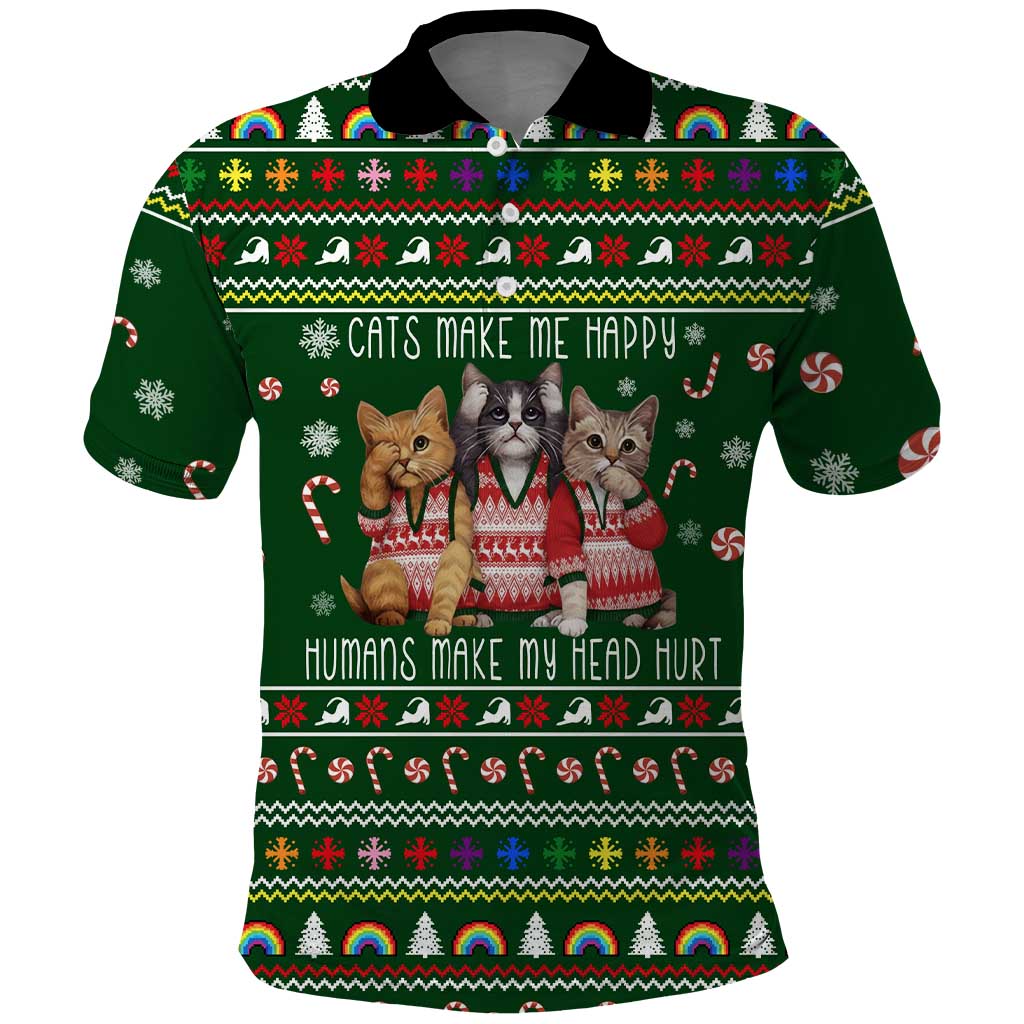 Funny Cats Make Me Happy Humans Make My Head Hurt Quote Polo Shirt with Green Christmas Pattern - Wonder Print Shop