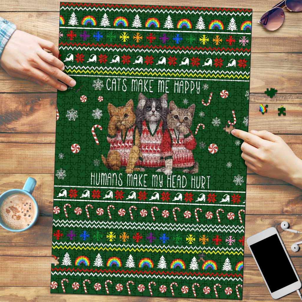 Funny Cats Make Me Happy Humans Make My Head Hurt Quote Puzzle with Green Christmas Pattern - Wonder Print Shop