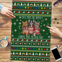 Funny Cats Make Me Happy Humans Make My Head Hurt Quote Puzzle with Green Christmas Pattern - Wonder Print Shop