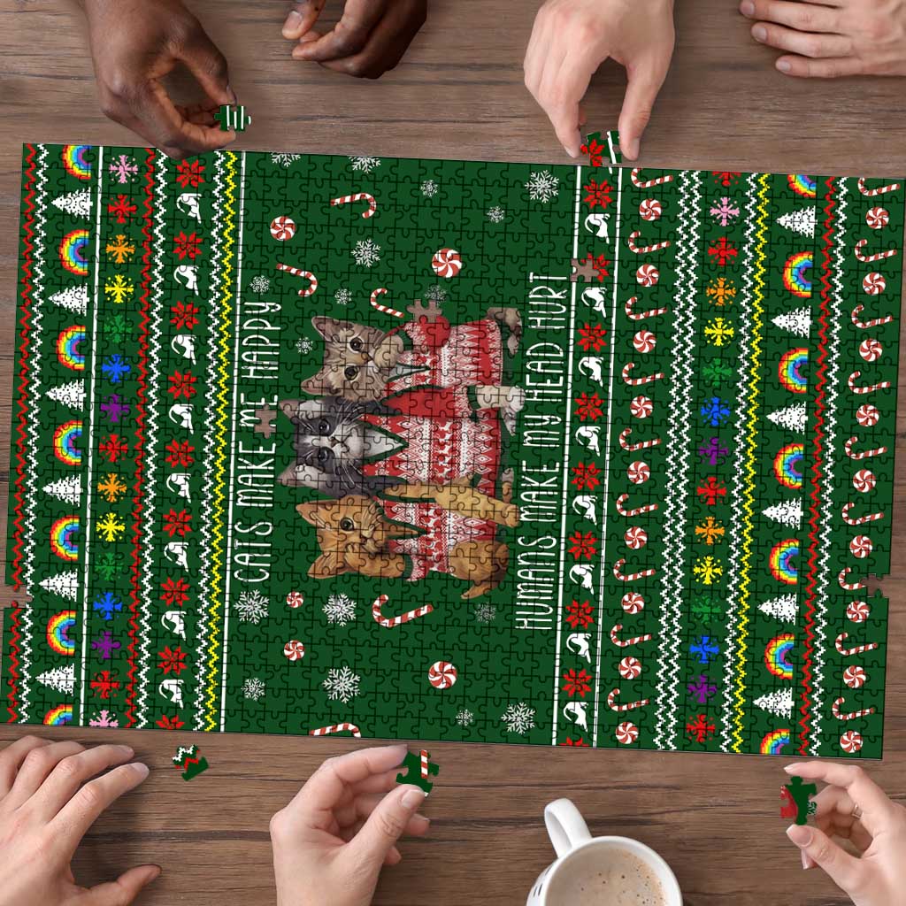 Funny Cats Make Me Happy Humans Make My Head Hurt Quote Puzzle with Green Christmas Pattern - Wonder Print Shop