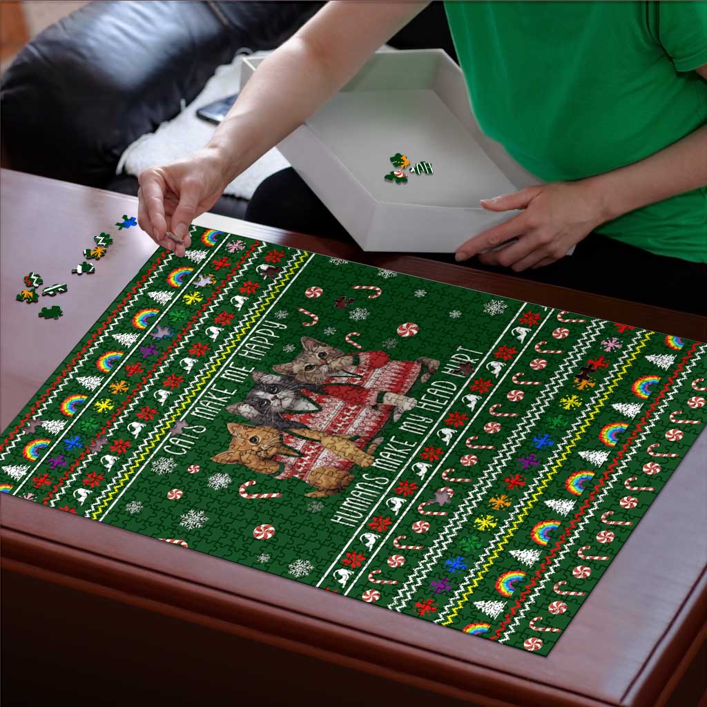 Funny Cats Make Me Happy Humans Make My Head Hurt Quote Puzzle with Green Christmas Pattern - Wonder Print Shop