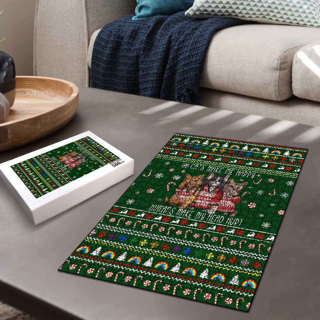 Funny Cats Make Me Happy Humans Make My Head Hurt Quote Puzzle with Green Christmas Pattern - Wonder Print Shop