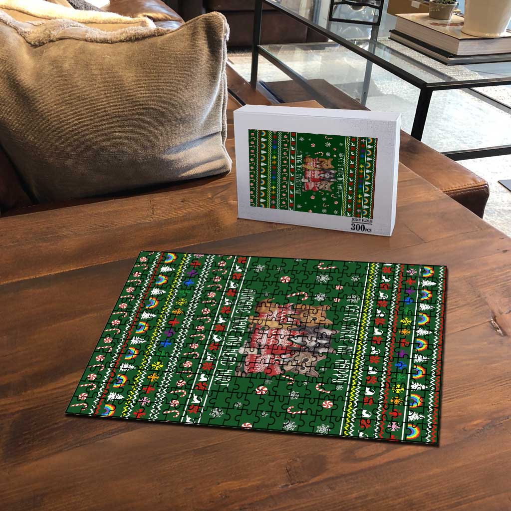 Funny Cats Make Me Happy Humans Make My Head Hurt Quote Puzzle with Green Christmas Pattern - Wonder Print Shop