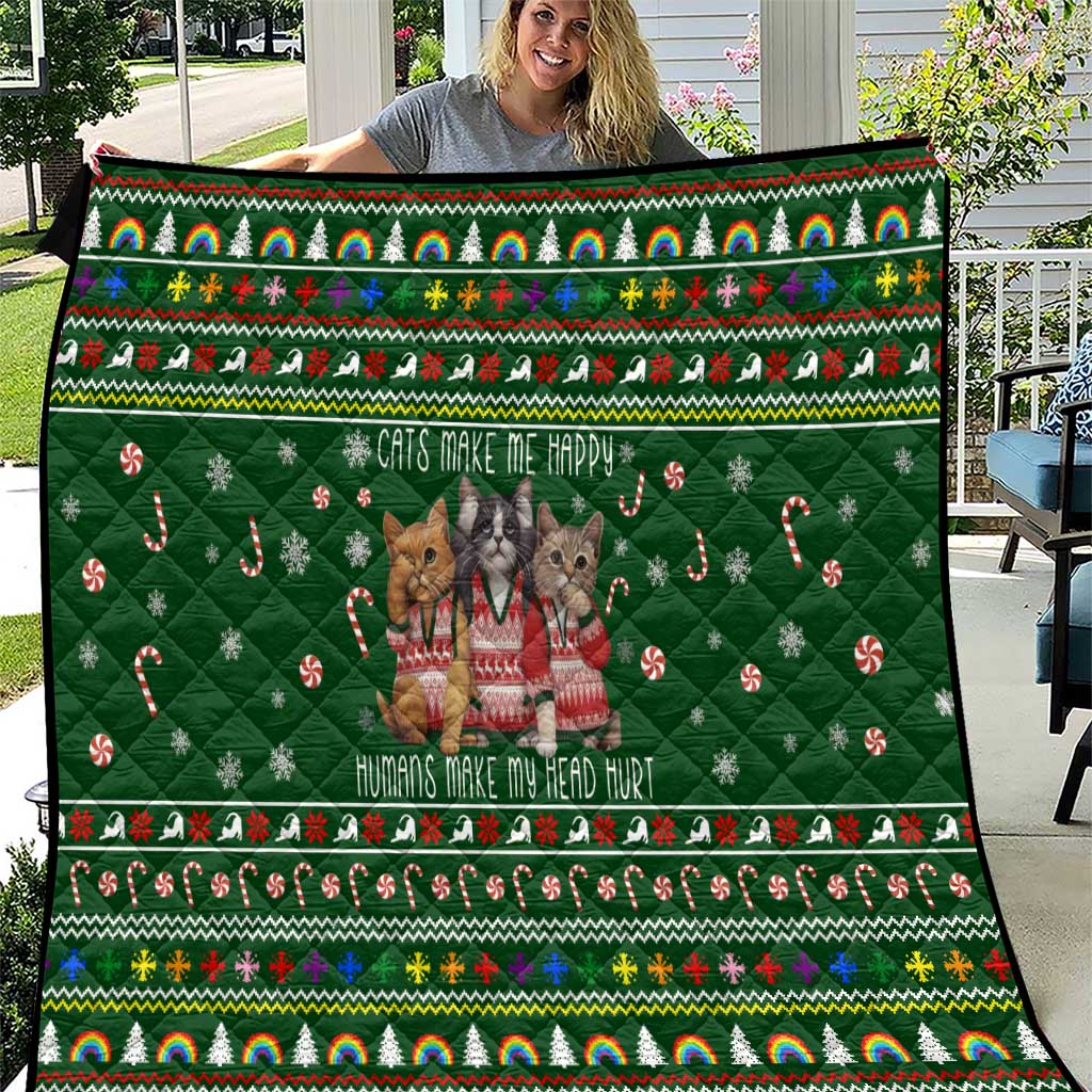 Funny Cats Make Me Happy Humans Make My Head Hurt Quote Quilt with Green Christmas Pattern - Wonder Print Shop