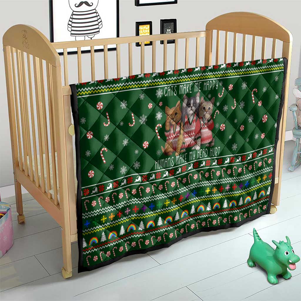 Funny Cats Make Me Happy Humans Make My Head Hurt Quote Quilt with Green Christmas Pattern - Wonder Print Shop