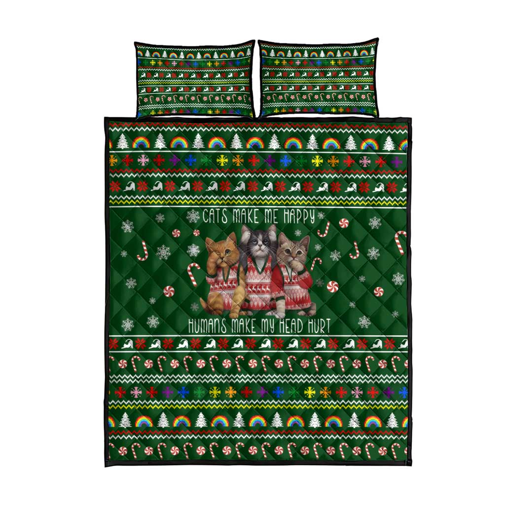 Funny Cats Make Me Happy Humans Make My Head Hurt Quote Quilt Bed Set with Green Christmas Pattern - Wonder Print Shop