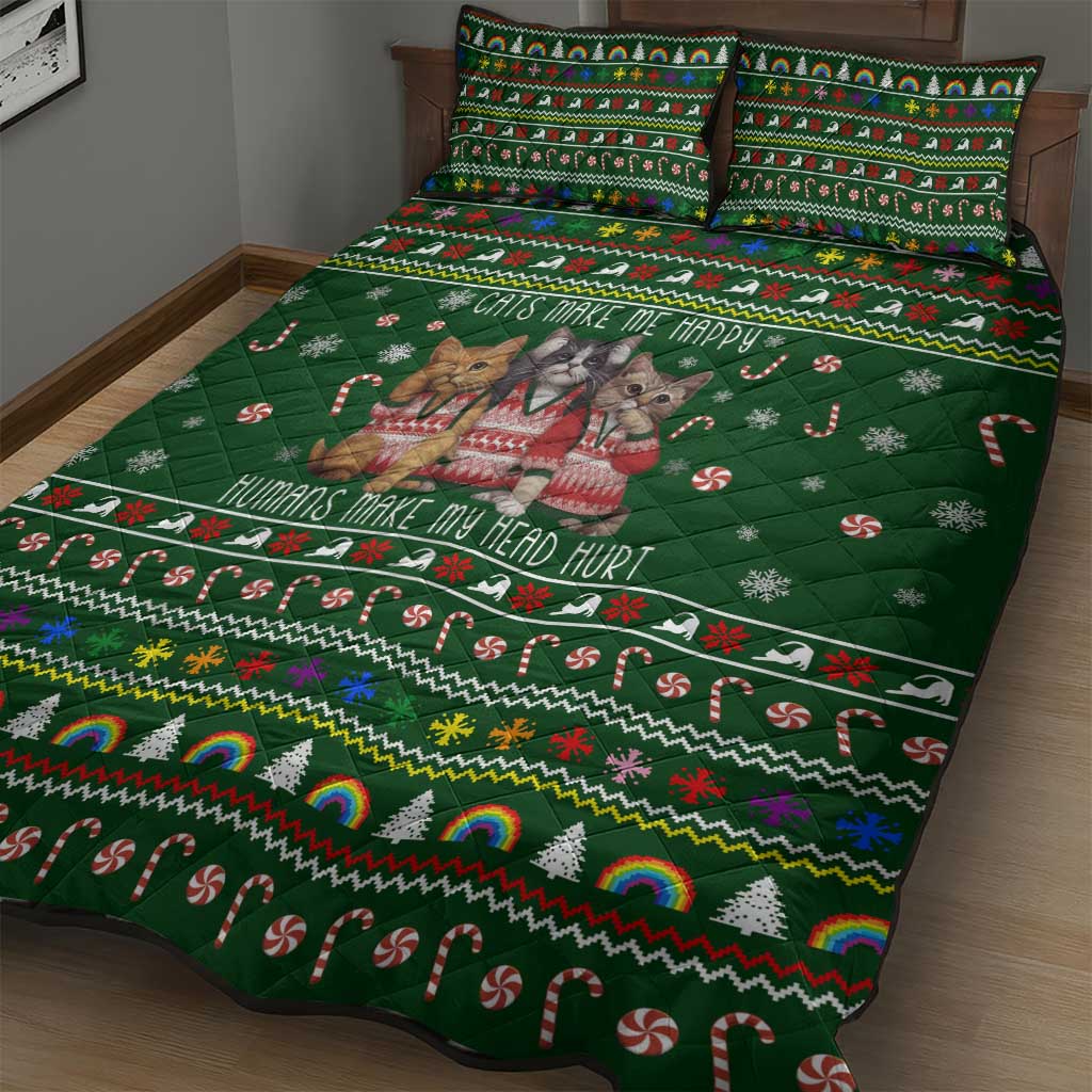 Funny Cats Make Me Happy Humans Make My Head Hurt Quote Quilt Bed Set with Green Christmas Pattern - Wonder Print Shop