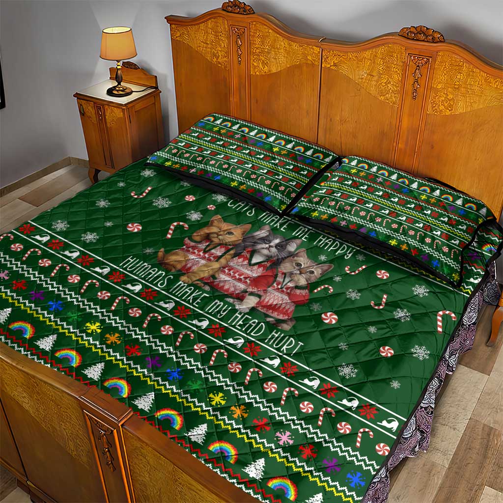 Funny Cats Make Me Happy Humans Make My Head Hurt Quote Quilt Bed Set with Green Christmas Pattern - Wonder Print Shop