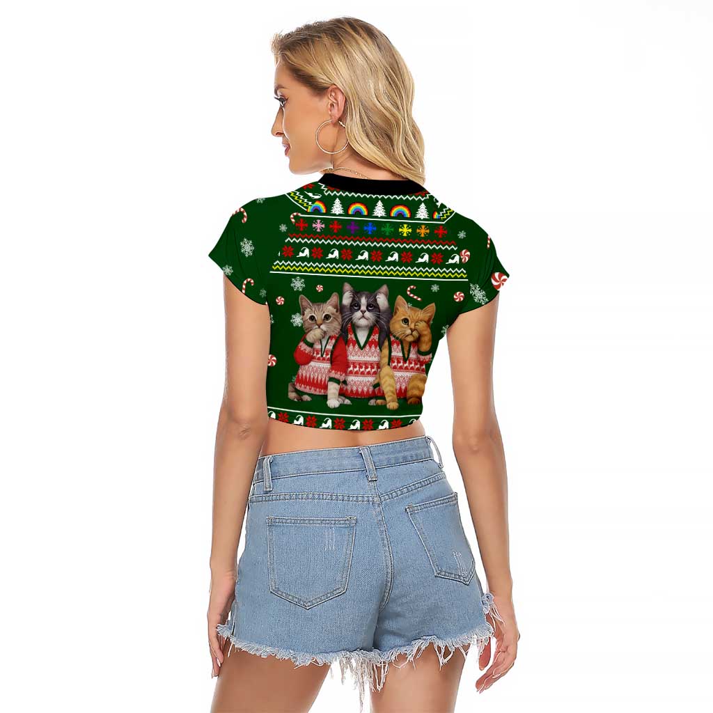 Funny Cats Make Me Happy Humans Make My Head Hurt Quote Raglan Cropped T Shirt with Green Christmas Pattern - Wonder Print Shop