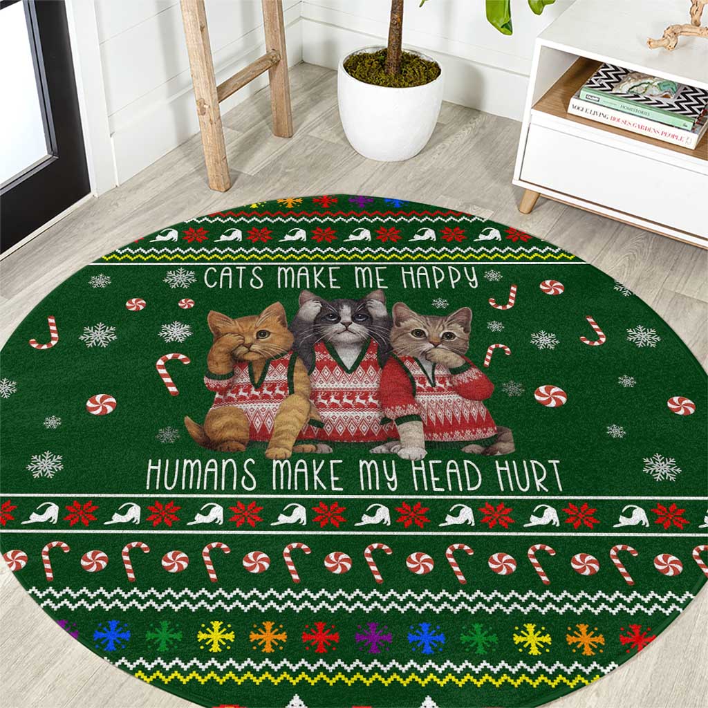 Funny Cats Make Me Happy Humans Make My Head Hurt Quote Round Carpet with Green Christmas Pattern - Wonder Print Shop