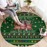Funny Cats Make Me Happy Humans Make My Head Hurt Quote Round Carpet with Green Christmas Pattern - Wonder Print Shop