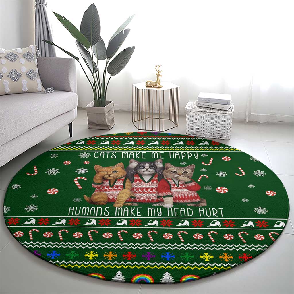 Funny Cats Make Me Happy Humans Make My Head Hurt Quote Round Carpet with Green Christmas Pattern - Wonder Print Shop