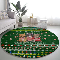 Funny Cats Make Me Happy Humans Make My Head Hurt Quote Round Carpet with Green Christmas Pattern - Wonder Print Shop