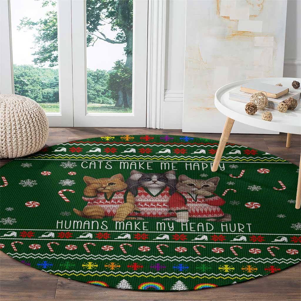 Funny Cats Make Me Happy Humans Make My Head Hurt Quote Round Carpet with Green Christmas Pattern - Wonder Print Shop