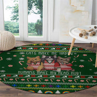 Funny Cats Make Me Happy Humans Make My Head Hurt Quote Round Carpet with Green Christmas Pattern - Wonder Print Shop