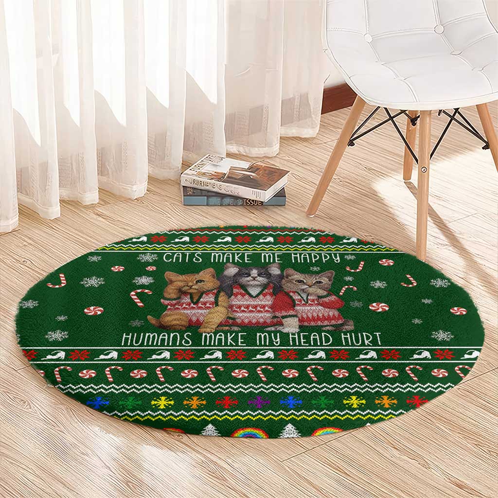 Funny Cats Make Me Happy Humans Make My Head Hurt Quote Round Carpet with Green Christmas Pattern - Wonder Print Shop