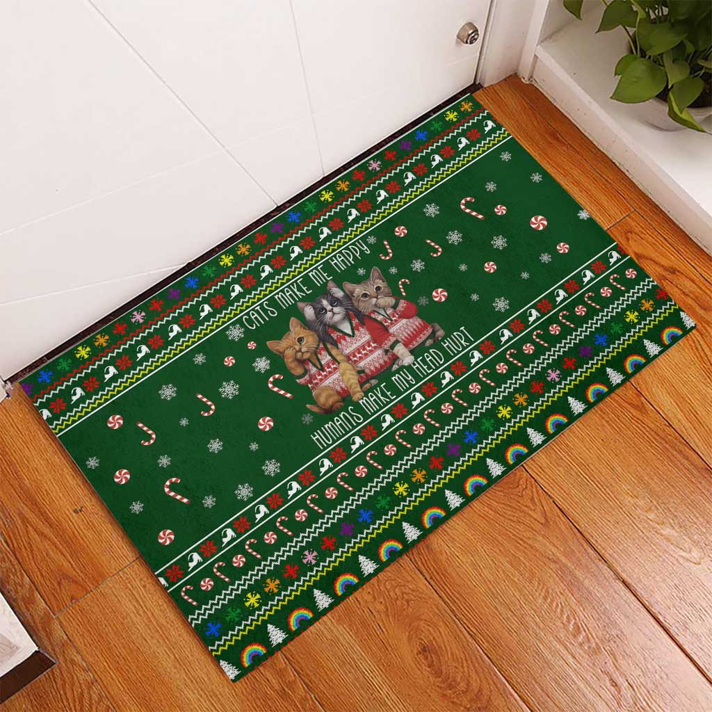Funny Cats Make Me Happy Humans Make My Head Hurt Quote Rubber Doormat with Green Christmas Pattern - Wonder Print Shop