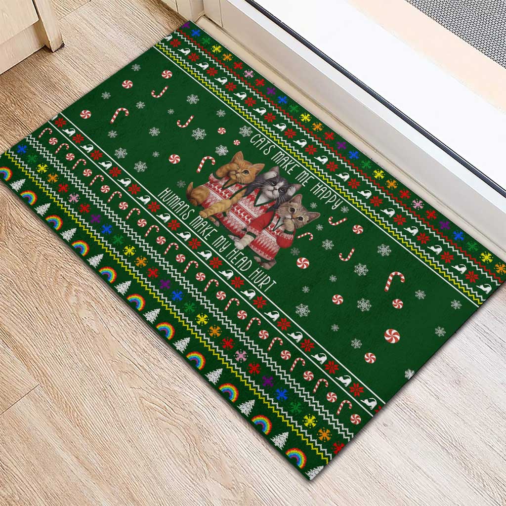 Funny Cats Make Me Happy Humans Make My Head Hurt Quote Rubber Doormat with Green Christmas Pattern - Wonder Print Shop