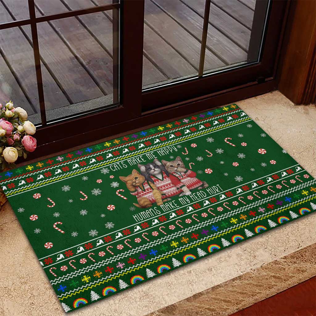 Funny Cats Make Me Happy Humans Make My Head Hurt Quote Rubber Doormat with Green Christmas Pattern - Wonder Print Shop