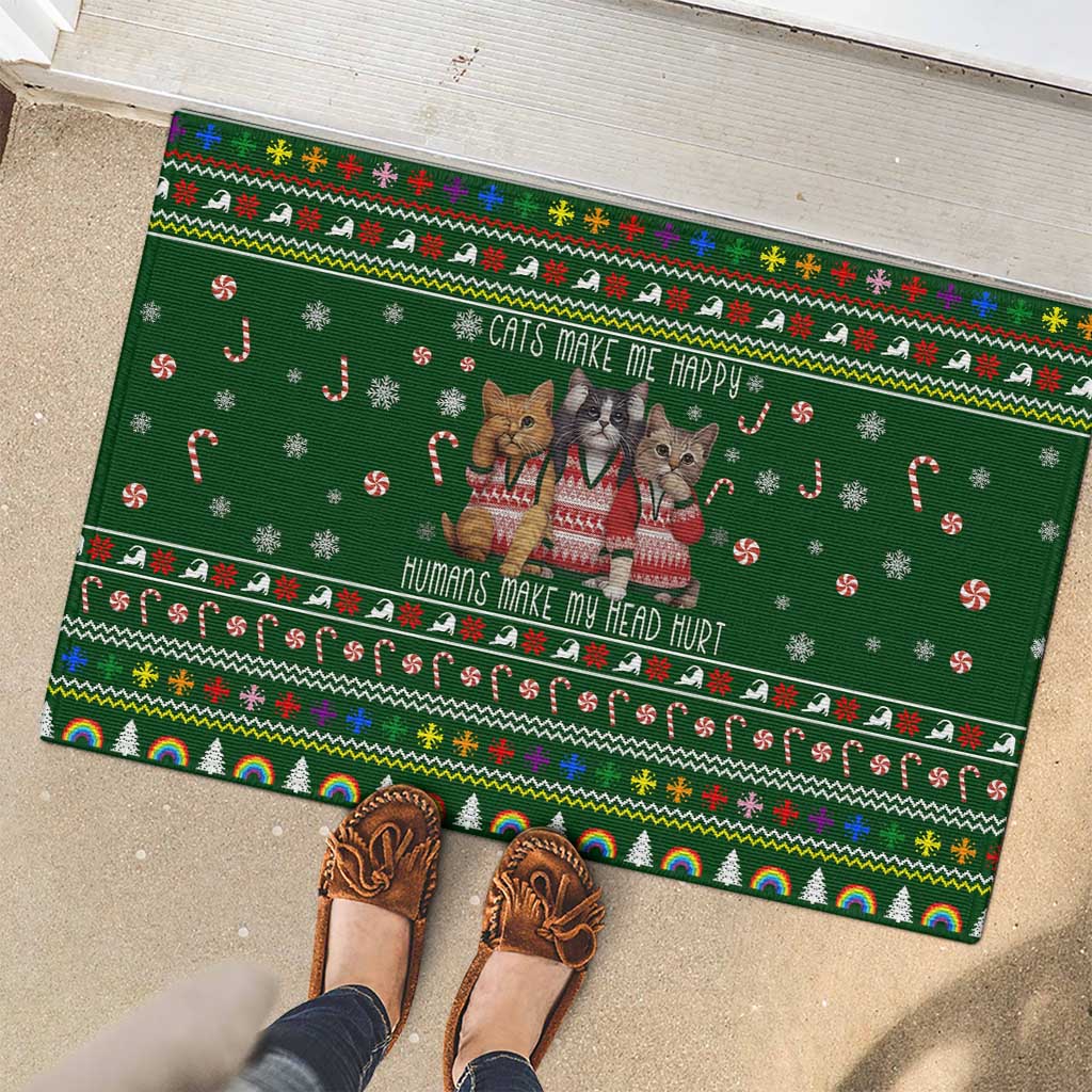Funny Cats Make Me Happy Humans Make My Head Hurt Quote Rubber Doormat with Green Christmas Pattern - Wonder Print Shop