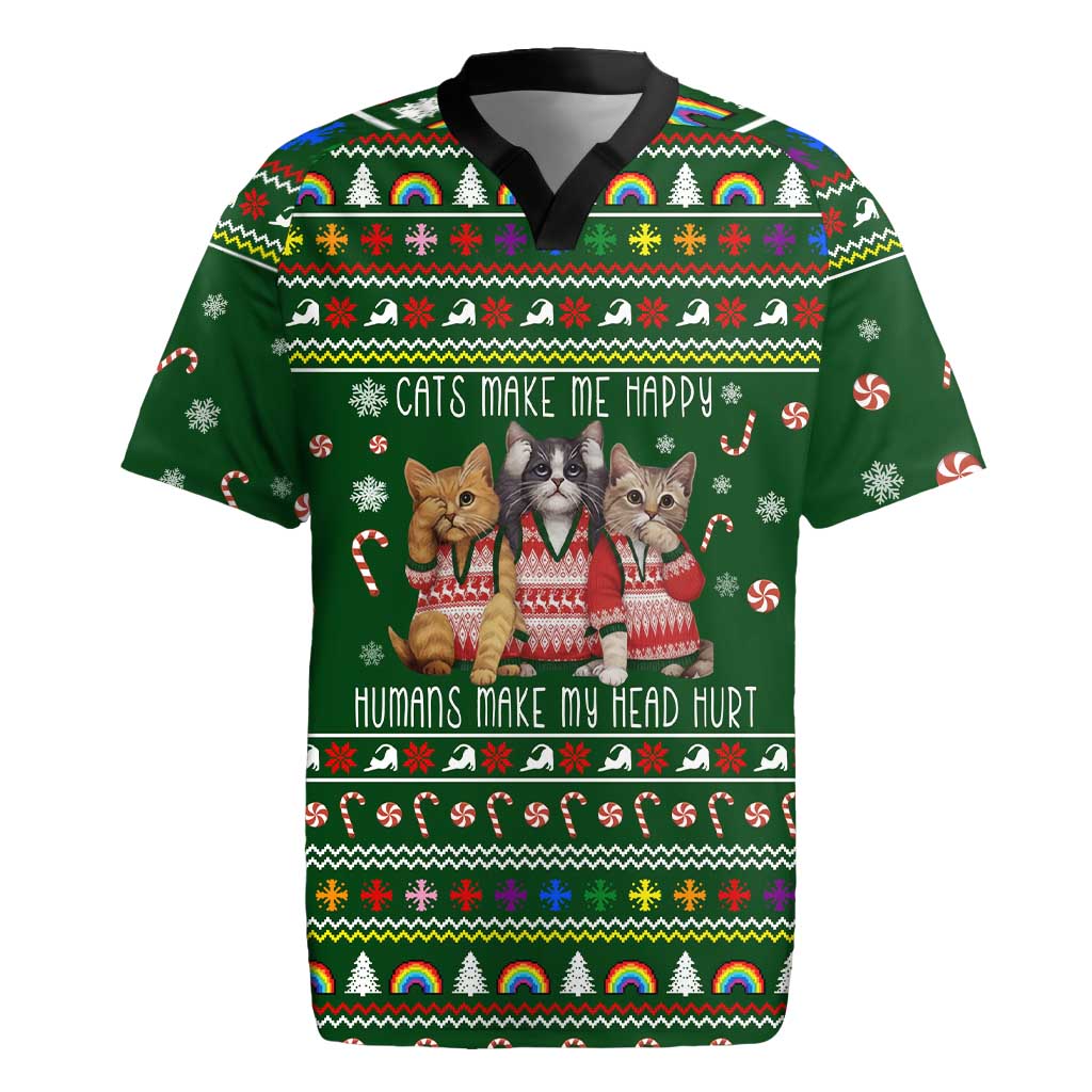 Funny Cats Make Me Happy Humans Make My Head Hurt Quote Rugby Jersey with Green Christmas Pattern - Wonder Print Shop