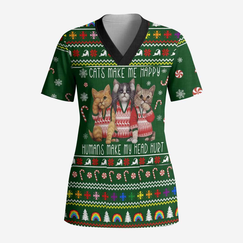 Funny Cats Make Me Happy Humans Make My Head Hurt Quote Scrub Top with Green Christmas Pattern - Wonder Print Shop