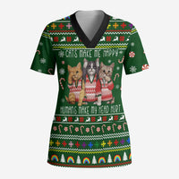 Funny Cats Make Me Happy Humans Make My Head Hurt Quote Scrub Top with Green Christmas Pattern - Wonder Print Shop