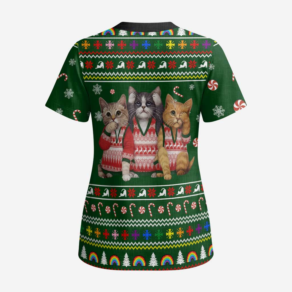 Funny Cats Make Me Happy Humans Make My Head Hurt Quote Scrub Top with Green Christmas Pattern - Wonder Print Shop