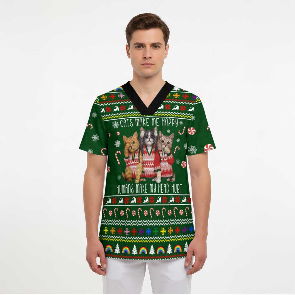 Funny Cats Make Me Happy Humans Make My Head Hurt Quote Scrub Top with Green Christmas Pattern - Wonder Print Shop