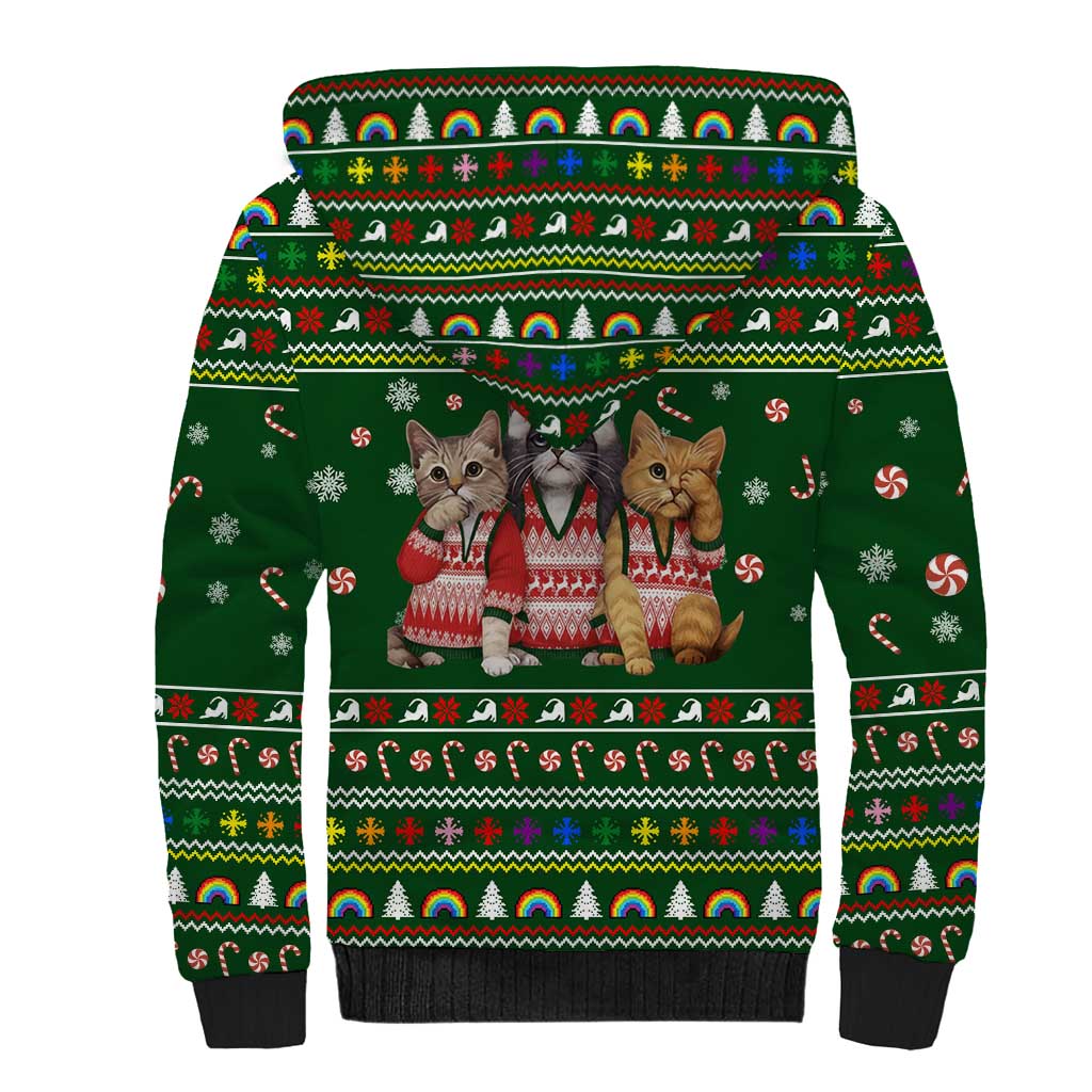 Funny Cats Make Me Happy Humans Make My Head Hurt Quote Sherpa Hoodie with Green Christmas Pattern - Wonder Print Shop