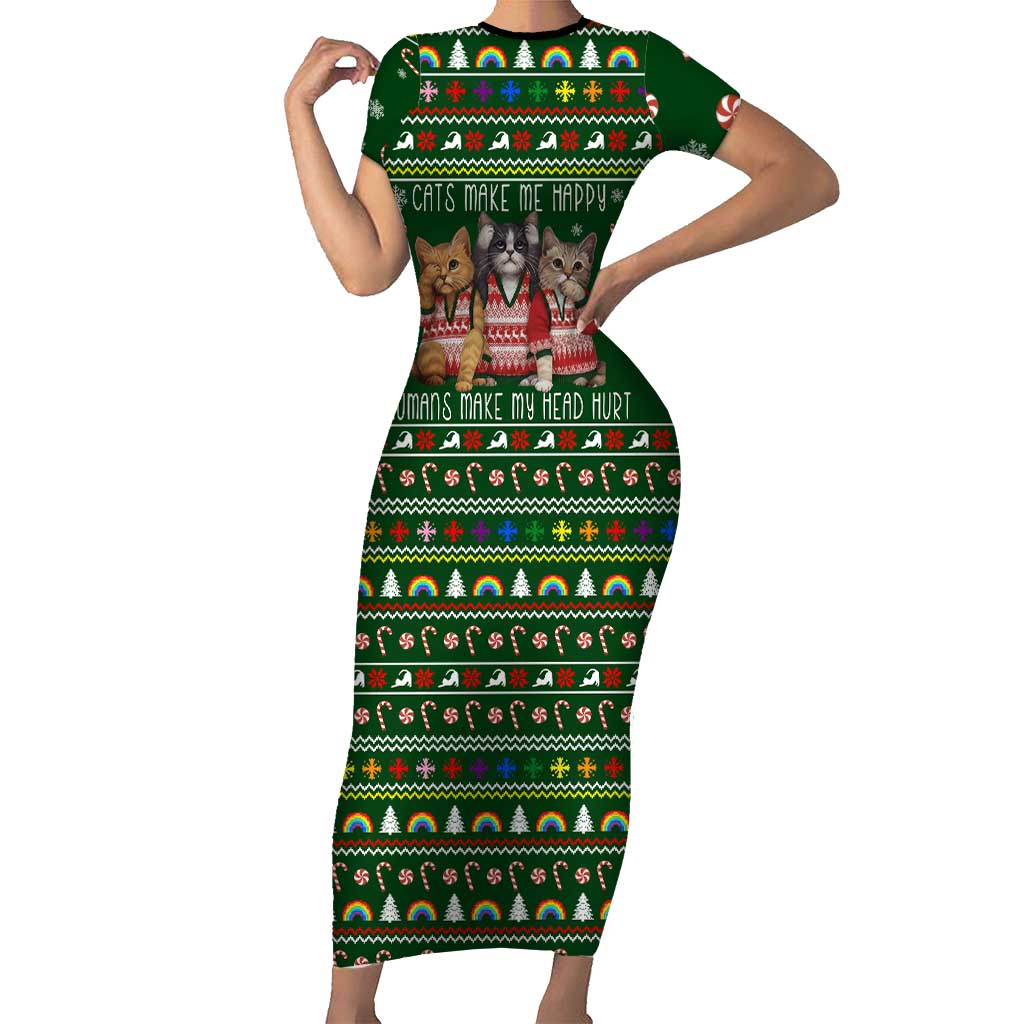 Funny Cats Make Me Happy Humans Make My Head Hurt Quote Short Sleeve Bodycon Dress with Green Christmas Pattern - Wonder Print Shop