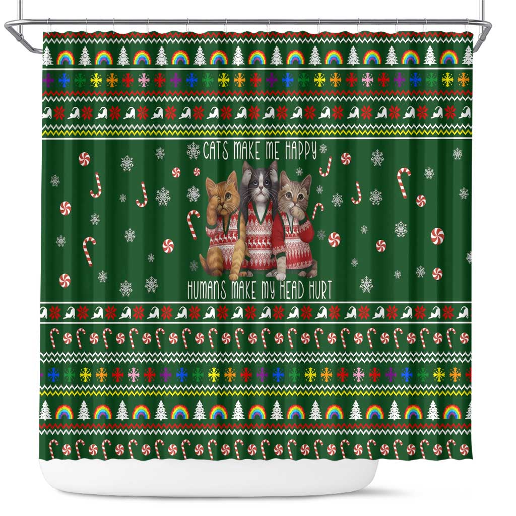 Funny Cats Make Me Happy Humans Make My Head Hurt Quote Shower Curtain with Green Christmas Pattern - Wonder Print Shop