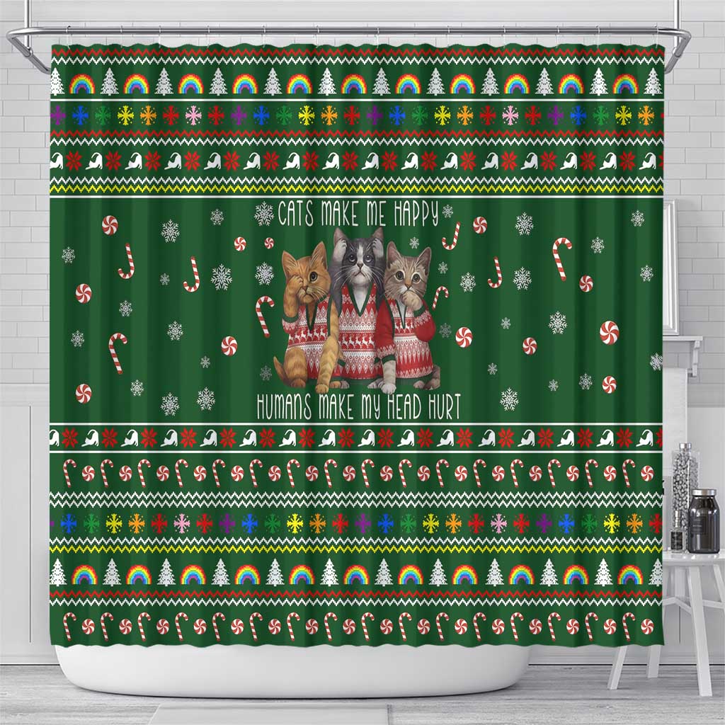 Funny Cats Make Me Happy Humans Make My Head Hurt Quote Shower Curtain with Green Christmas Pattern - Wonder Print Shop
