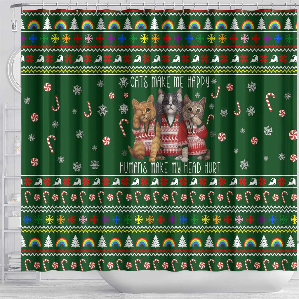 Funny Cats Make Me Happy Humans Make My Head Hurt Quote Shower Curtain with Green Christmas Pattern - Wonder Print Shop